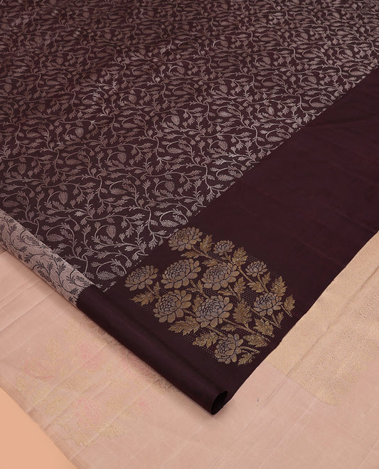 Brown Parampara Silk Saree, Featuring Floral Jaal Jacquard Design, a Zari Border of Floral Designs, Contrast Jaal Pallu, and a Contrast Blouse