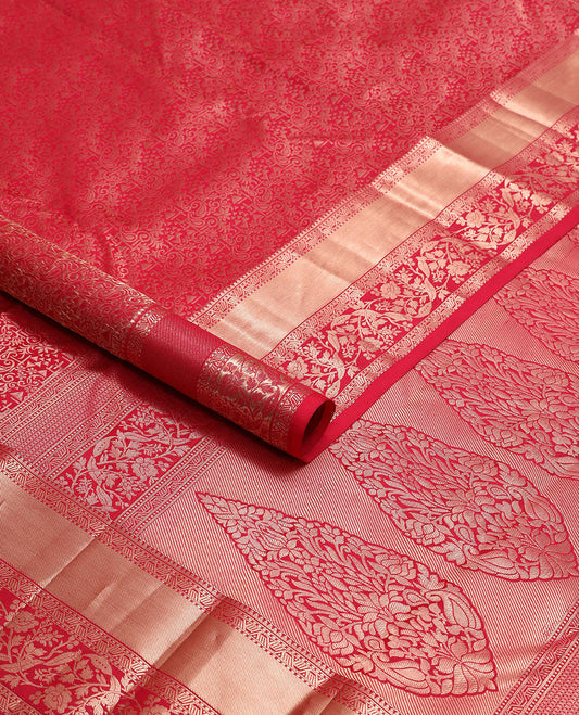Red floral jaal design kancheepuram silk saree with self border of intricate zari design border & floral design pallu