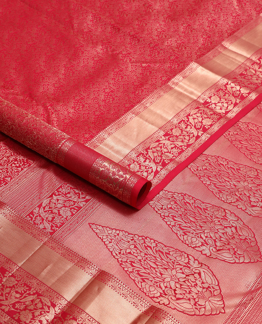 Red floral jaal design kancheepuram silk saree with self border of intricate zari design border & floral design pallu