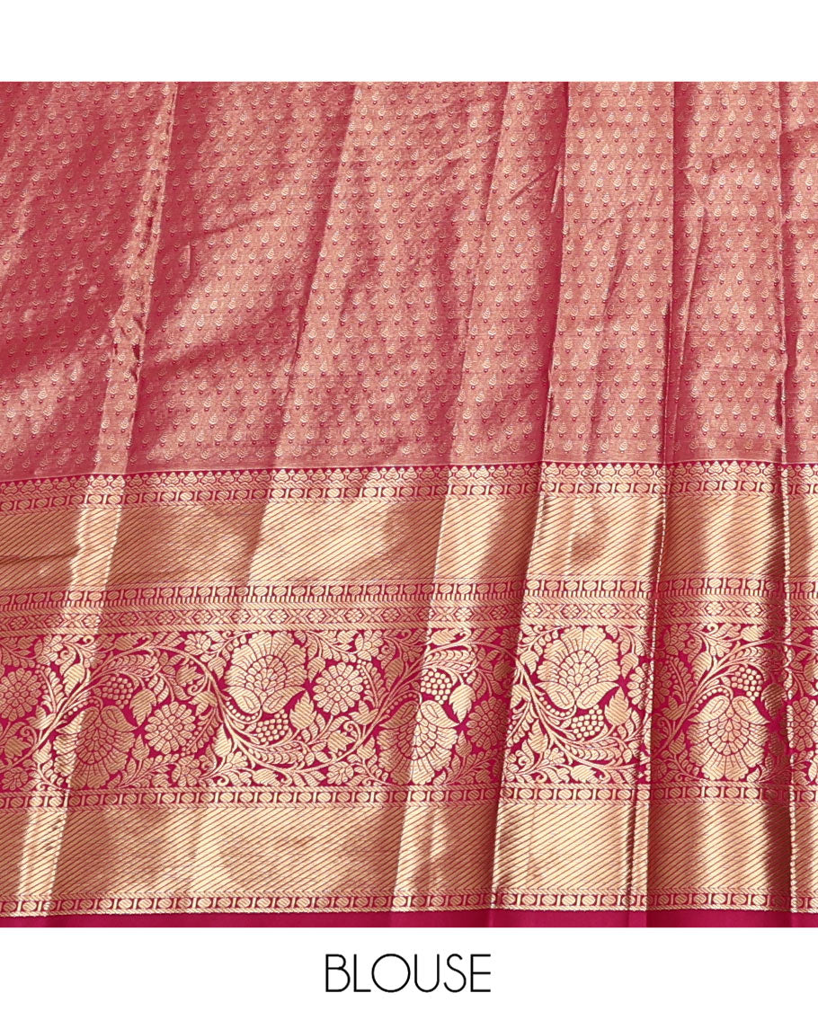 Yellow Art Silk Material Half Saree Set, Ornamented with Floral Jacquard Skirt, a Contrast Traditional Design Border, Contrast Blouse, and an Intricate Dhavani