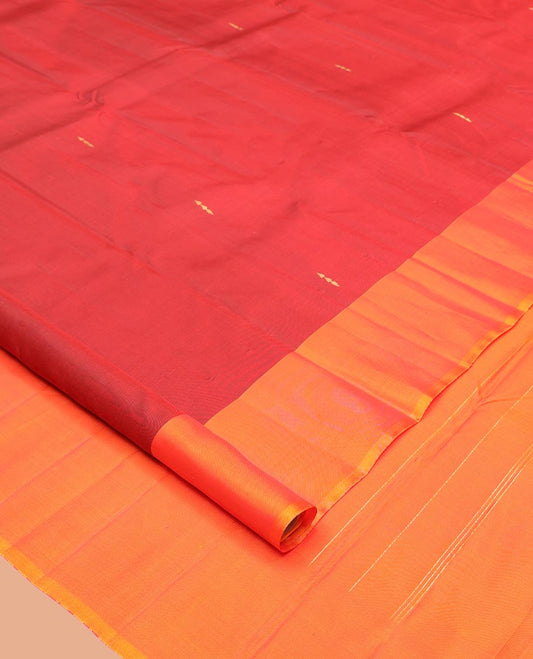 Maroon Kanchipuram Silk Saree, Highlighted with Zari Buttas, Complemented by a Contrast Floral Butta Border, Zari Design Pallu, and a Contrast Blouse