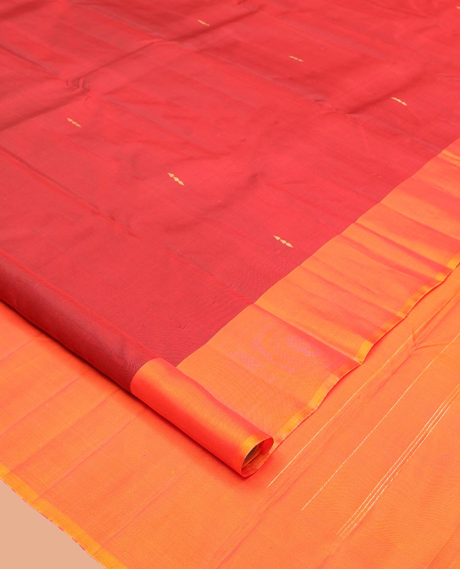 Maroon Kanchipuram Silk Saree, Highlighted with Zari Buttas, Complemented by a Contrast Floral Butta Border, Zari Design Pallu, and a Contrast Blouse