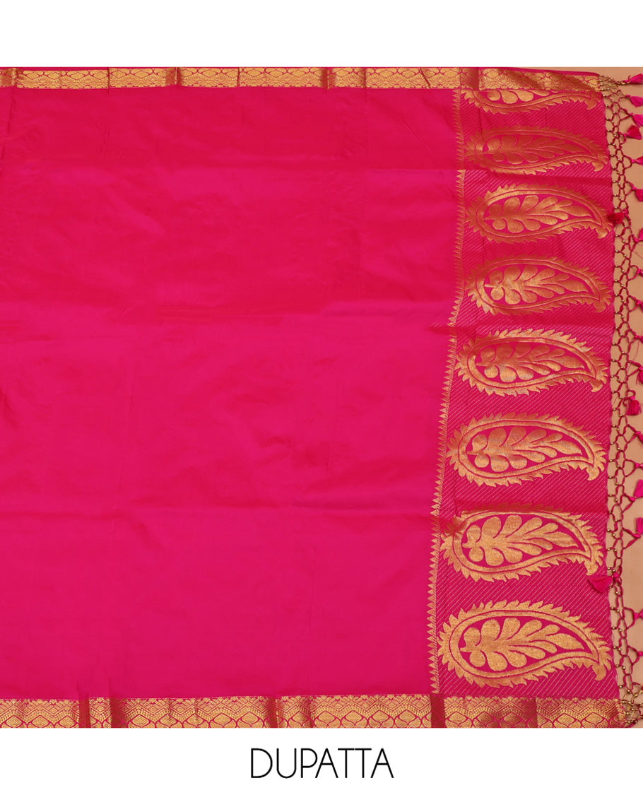 Yellow Art Silk Material Half Saree Set, Ornamented with Floral Jacquard Skirt, a Contrast Traditional Design Border, Contrast Blouse, and an Intricate Dhavani