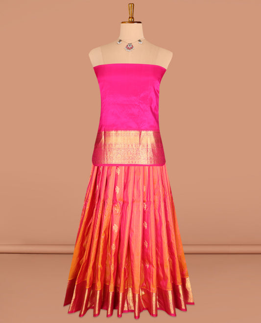 Orange Pure Silk Pavadai Material, Bedecked with Zari Buttas and Stripes on Its Skirt, a Contrast Traditional Zari Border, and a Contrast Blouse
