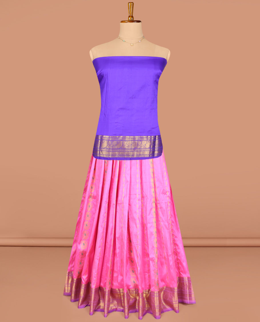 Pink Pure Silk Half-Saree, Spotlighted with Zari Designs on Its Body, Complemented by a Contrast Traditional Zari Design Border, Complemented by a Contrast Blouse, and Paired with a Contrast Dhavani of Ogee Designs