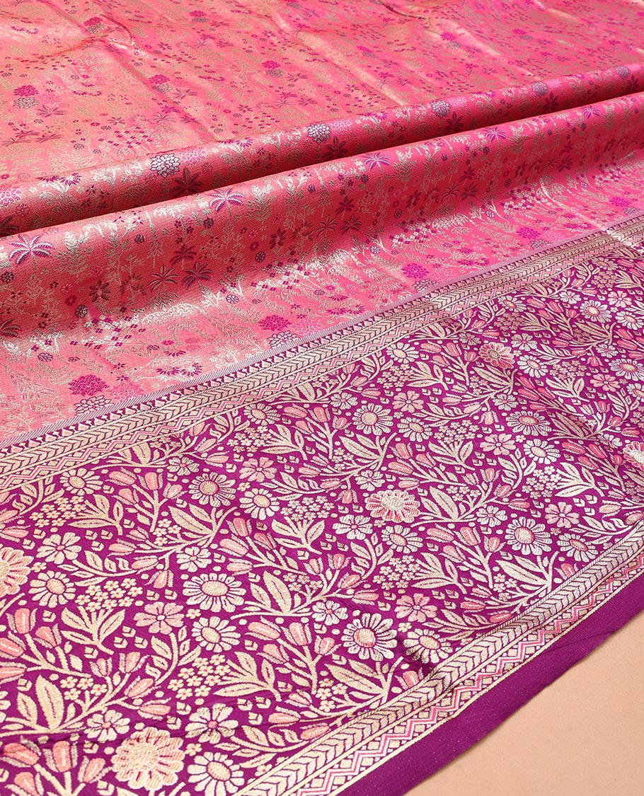Pink Art Silk Half-Saree, Decorated with Jacquard Design, Contrast Floral Zari Border, Paired with a Contrast Jacquard Blouse, and an Intricate Dhavani