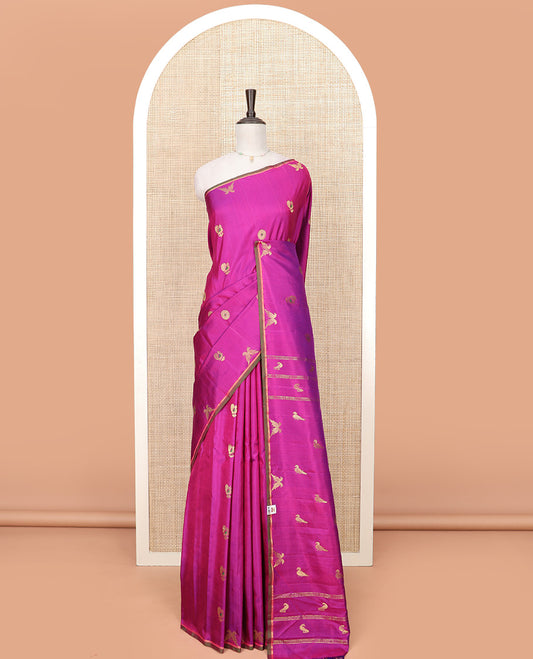 Rani Pink Gadwal Saree Zari Embellished with Peacock Chakram Buttas, Subtle Piping Border, Pallu of Bird Buttas, and a Contrast Blouse of Zari Buttas