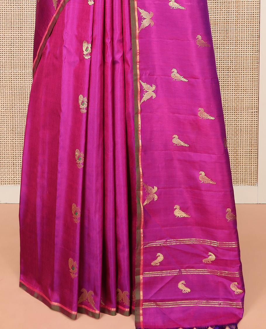 Rani Pink Gadwal Saree Zari Embellished with Peacock Chakram Buttas, Subtle Piping Border, Pallu of Bird Buttas, and a Contrast Blouse of Zari Buttas