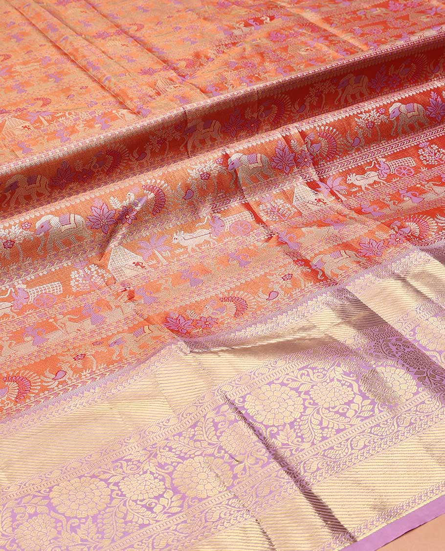 Orange Art Silk Material Half Saree Set, Decked Up with Jacquard Design Skirt, a Contrast Traditional Zari Border of Floral Creeper Designs, Contrast Zari-Jacquard Blouse, and a Dhavani of paisley Designs