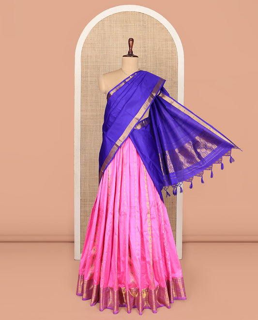 Pink Pure Silk Half-Saree, Spotlighted with Zari Designs on Its Body, Complemented by a Contrast Traditional Zari Design Border, Complemented by a Contrast Blouse, and Paired with a Contrast Dhavani of Ogee Designs