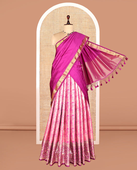 Pink Art Silk Half-Saree, Decorated with Jacquard Design, Contrast Floral Zari Border, Paired with a Contrast Jacquard Blouse, and an Intricate Dhavani