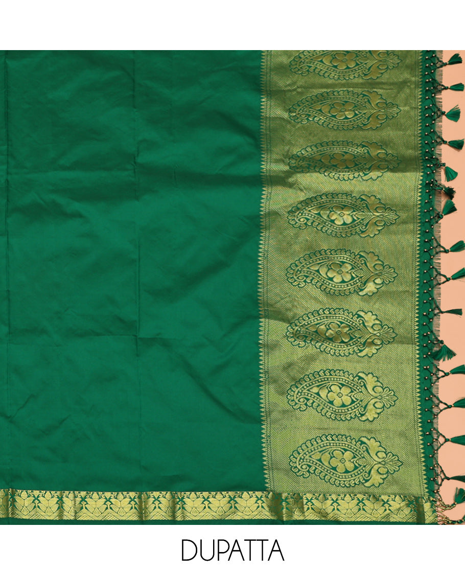 Green Art Silk Material Half Saree Set Featuring a Zari Buttas and Checked Skirt, a Contrast Traditional Zari Design Border, Contrast Blouse, and Zari Designs Dhavani