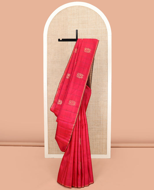 Borderless Red Kanchipuram Silk Saree Subtly Sparkled with Zari Buttas Enclosed Checks, Complemented by a Contrast Pallu of Rudraksham-Style Round Motifs, and Paired with a Contrast Blouse