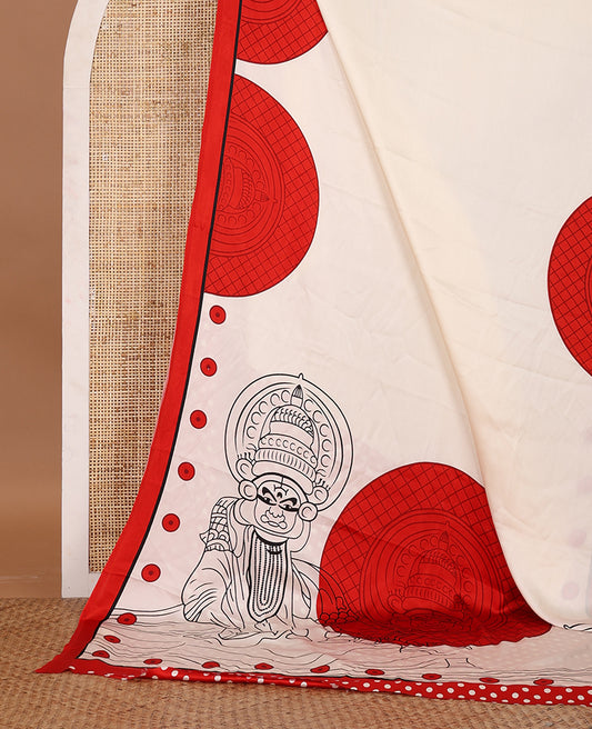 Cream printed semi-modal silk saree,  contrast red border of kathakali motif enclosed semi-circle, kathakali printed pallu & printed blouse