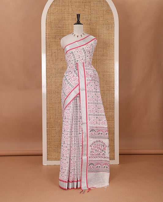 White with pink vareli pattern printed design linen with silver zari bawanchi border  & printed pallu with tussels
