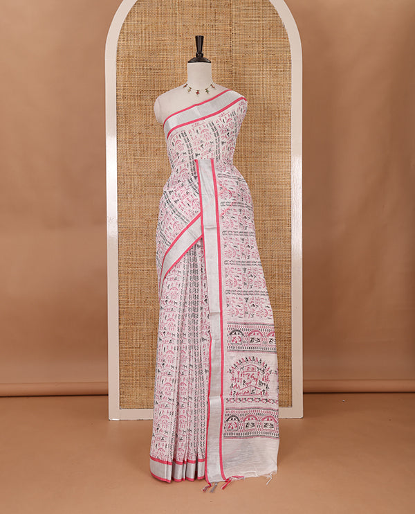 White with pink vareli pattern printed design linen with silver zari bawanchi border  & printed pallu with tussels