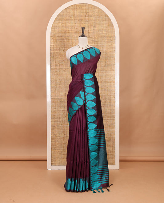 Purple plain jute cotton saree , contrast leaf thread butta border & lining seer pallu with tussels