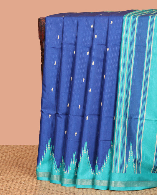 Blue Kathan Silk Saree Adorned with Buttas, Contrast Temple Border, Temple pallu, and Striped Blouse