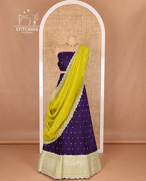 Violet half-saree, floral motifs embroidered semi raw silk top, matching embroidered blouse, and contrast scallop embroidered georgette dhavani