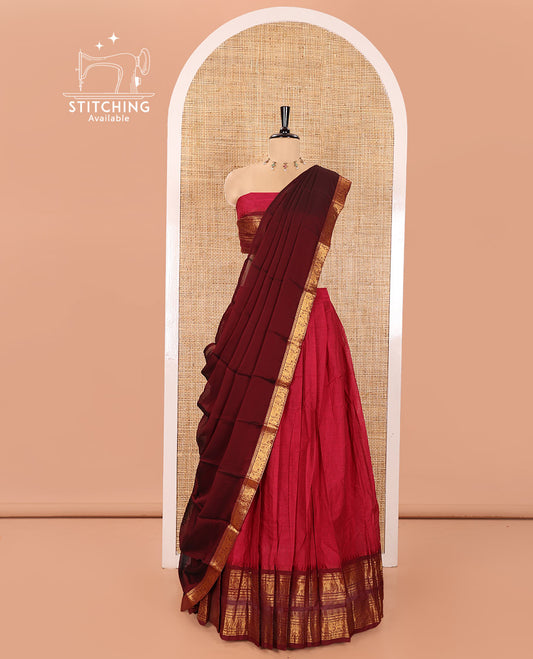 Rani Pink with Magenta Chettinad Cotton Half-Saree Featuring Plain Skirt, Complemented by Contrast Rettai Pettu Traditional Border of Peacock and Elephant Designs, Paired with a Matching Blouse, and a Satin Georgette Zari Bordered Dhavani