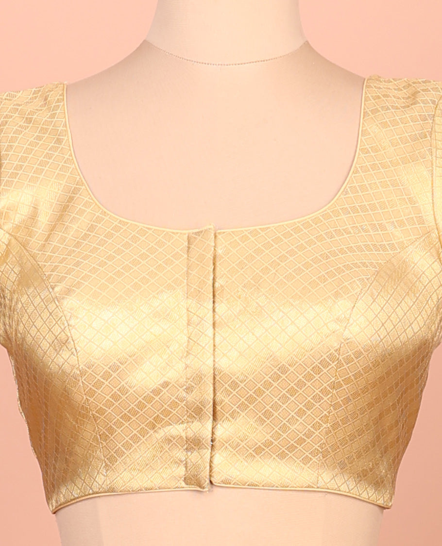 Gold jaal front-back round neck elbow-sleeve readymade blouse