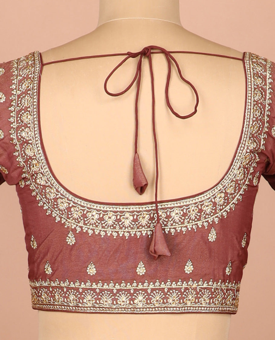 Terracotta red thread embroidered front-and-back round elbow-sleeve readymade blouse