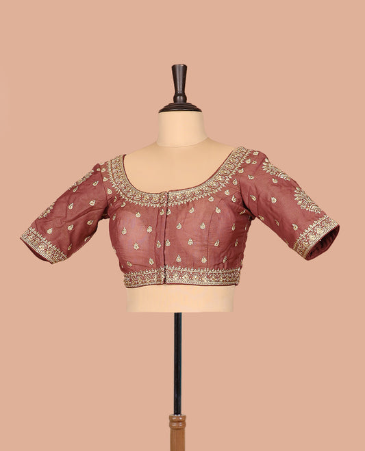 Terracotta red thread embroidered front-and-back round elbow-sleeve readymade blouse
