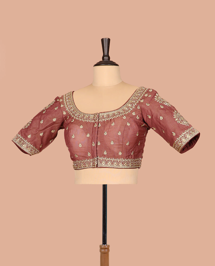 Terracotta red thread embroidered front-and-back round elbow-sleeve readymade blouse