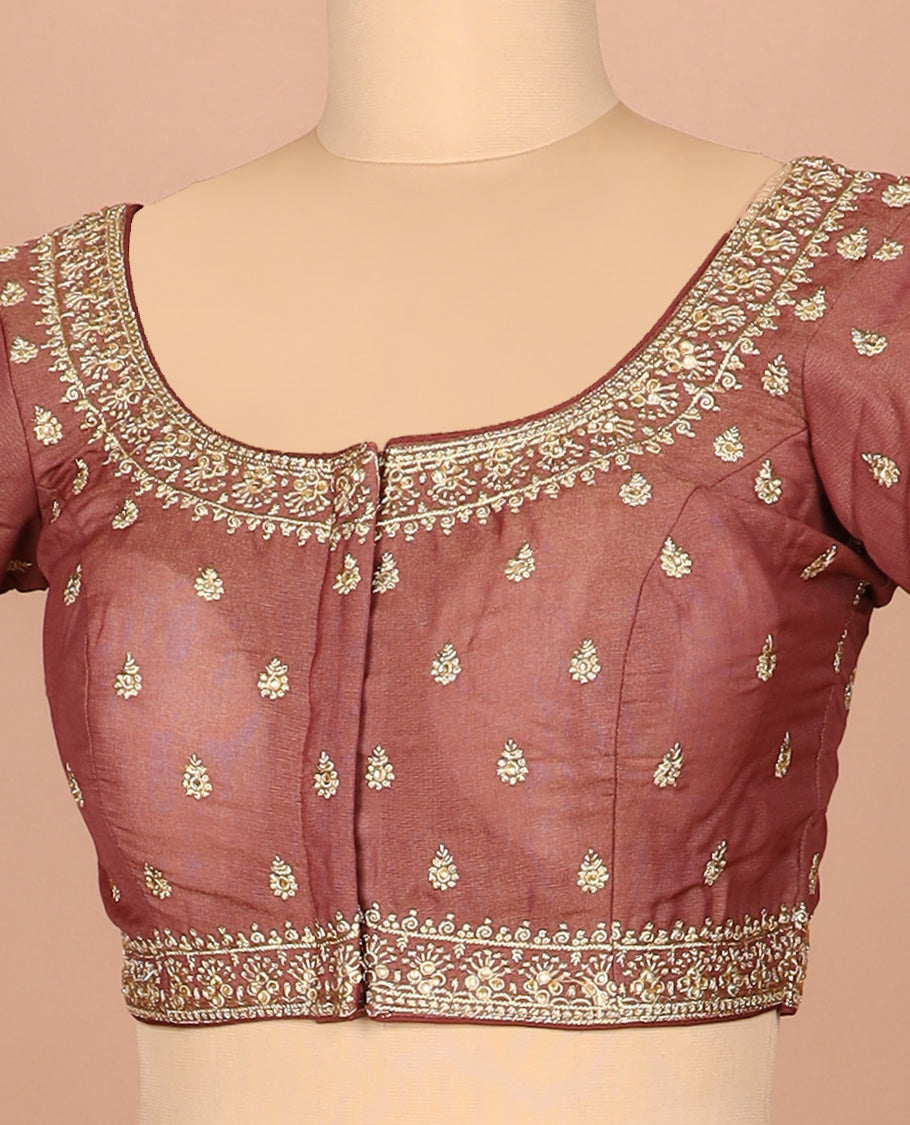 Terracotta red thread embroidered front-and-back round elbow-sleeve readymade blouse