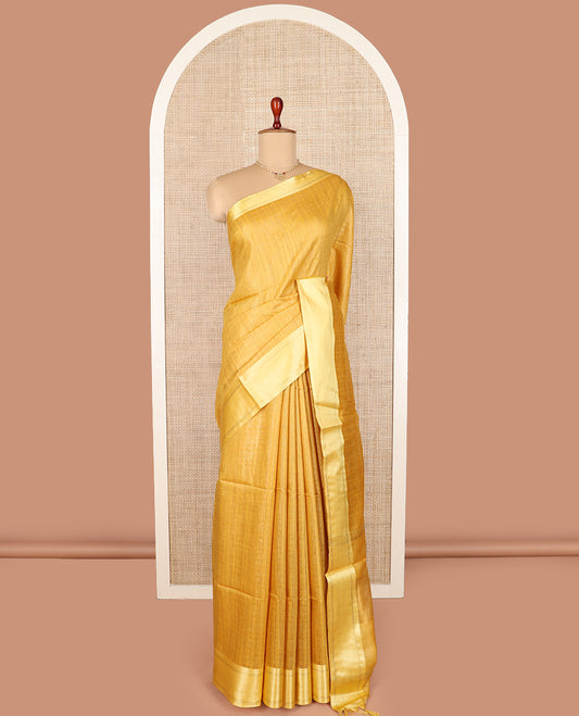Yellow checked tussar silk saree, contrast satin striped border, and striped pallu