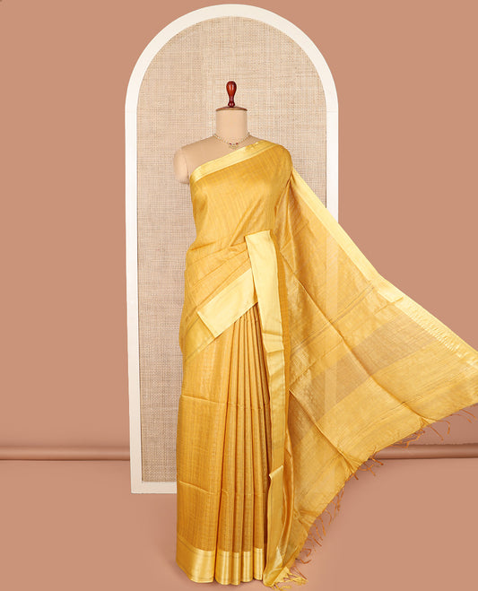 Yellow checked tussar silk saree, contrast satin striped border, and striped pallu