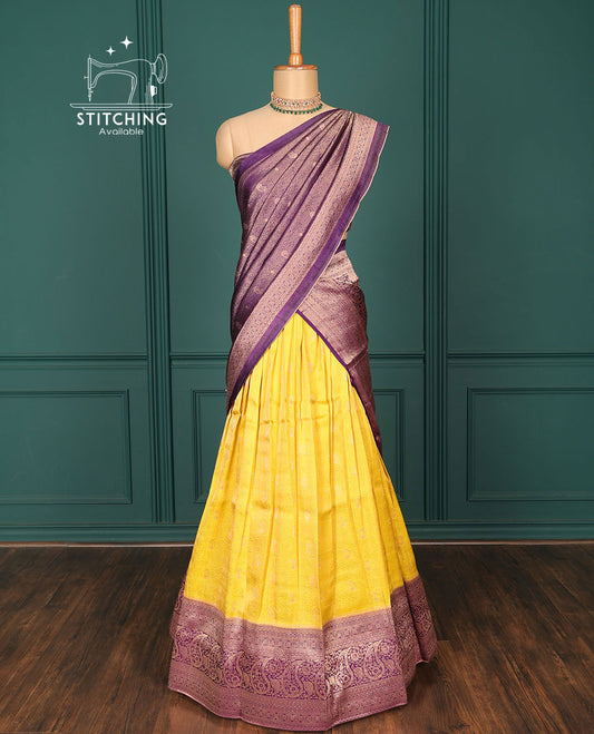 Yellow jacquard art-silk half-saree, contrast traditional zari design border, stonework blouse & intricate dupatta