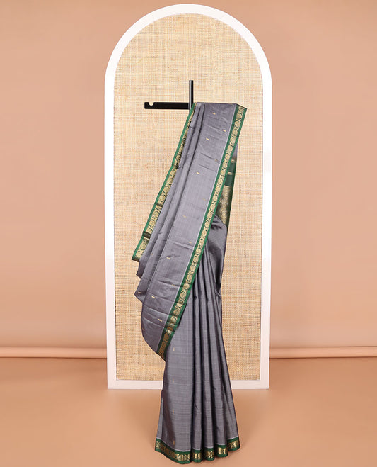 Grey buttas kancheepuram silk saree contrast border of poo chakram design & floral jaal design pallu