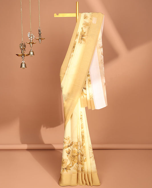 Yellow digital floral print georgette saree with satin border & self pallu