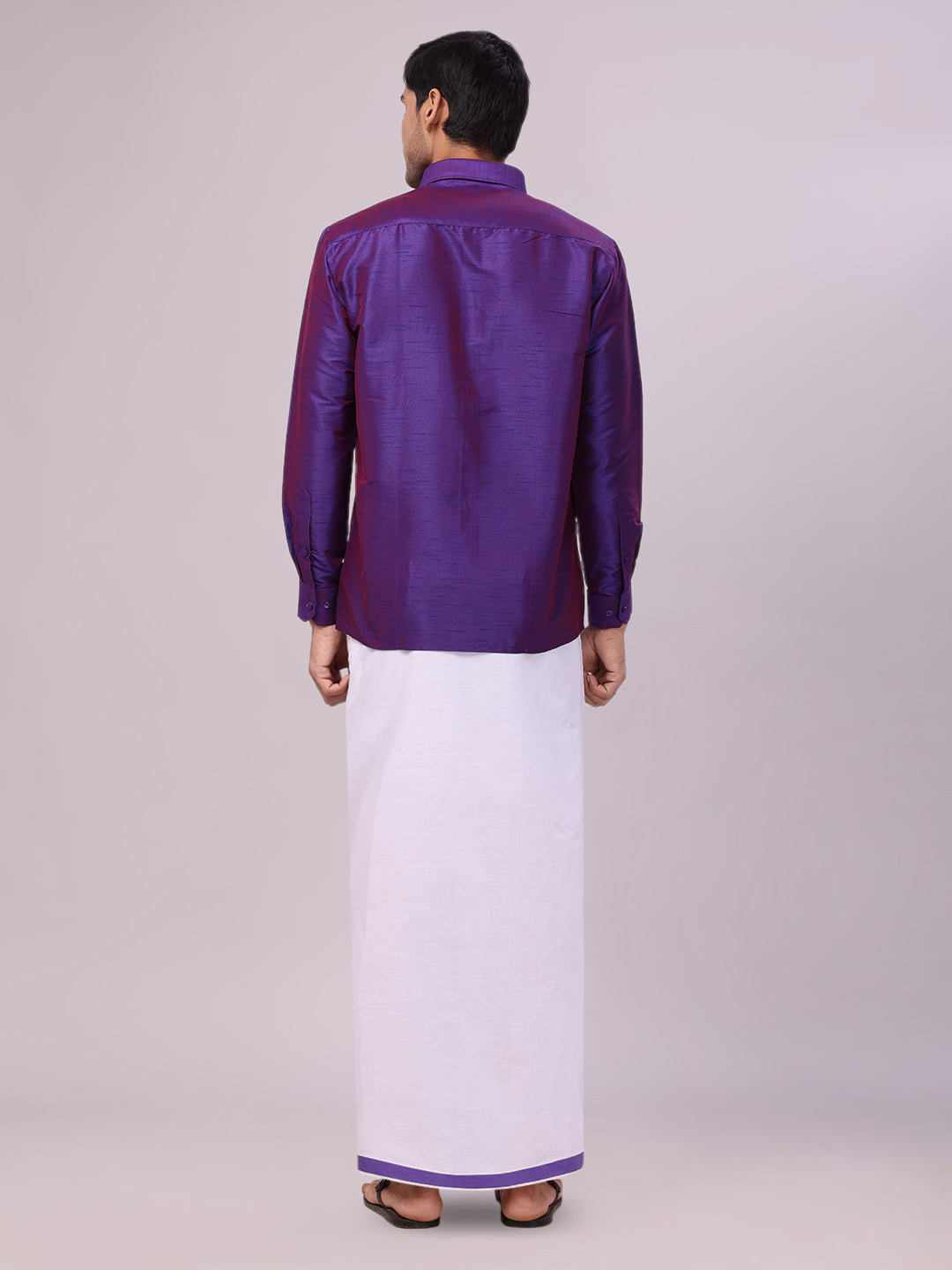 Men's Violet Dupion Satin Color Shirt with Matching Border Dhoti Combo Gora back pose