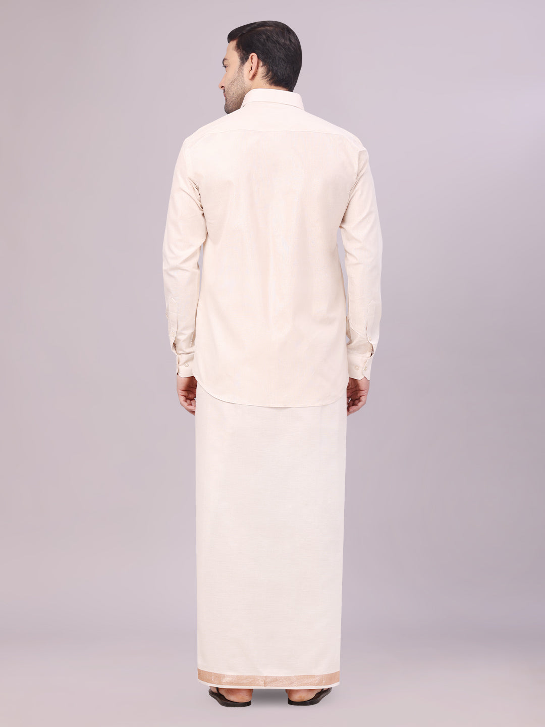 Mens Tissue Light Copper Shirt with Jacquard Fancy Border Flexi Dhoti Wedding Combo Nios