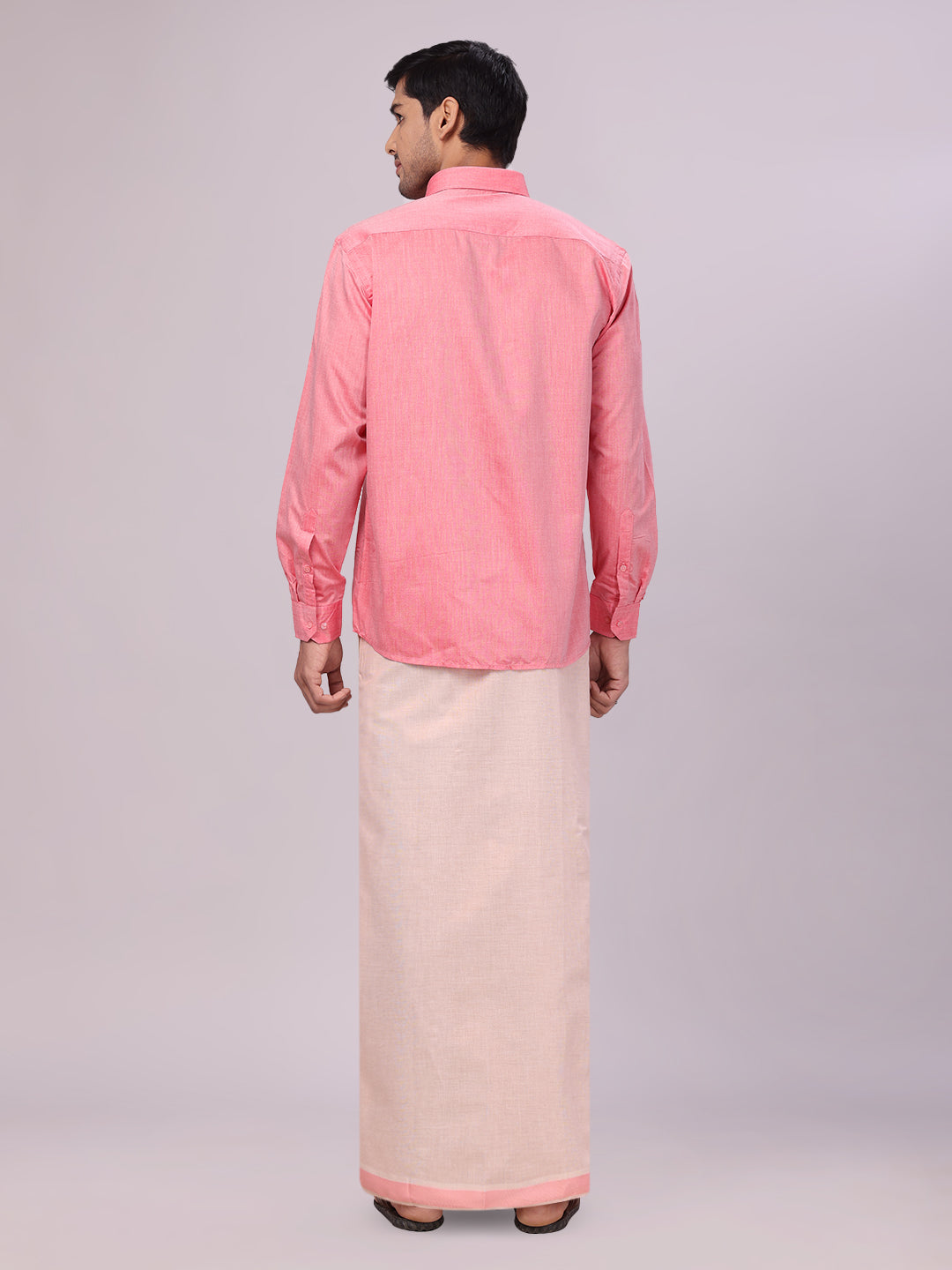 Men's Pink Color Cotton Shirt with Matching Border Tissue Dhoti Combo
