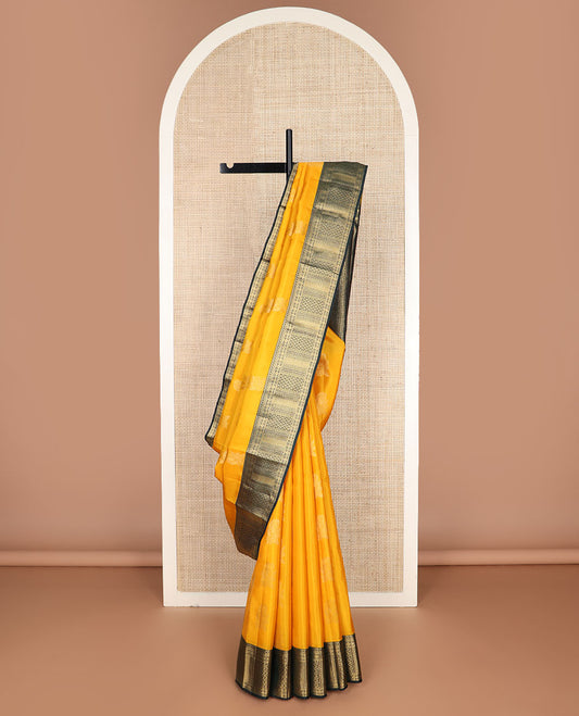 Yellow manga buttas vasundhara silk mix saree, contrast border & pallu of thilakam, neli, manga & other geometric patterns