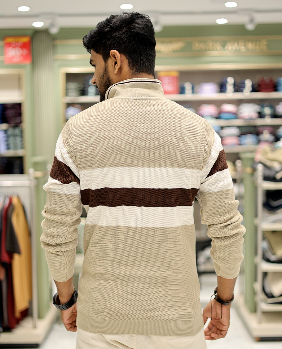 Cream Cotton-Blended T-Shirt Features Strip Blocks, Full-Sleeves, a Polo Neck, a Slim Fit, and a Regular Length