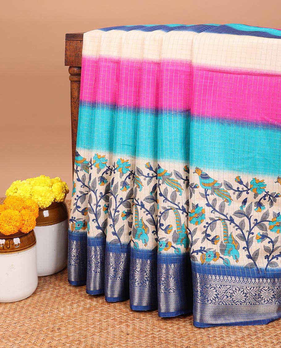 Multi color zari checks , kalamkari printed dola silk saree with jacquard zari border & kalamkari design pallu along with kalamkari blouse