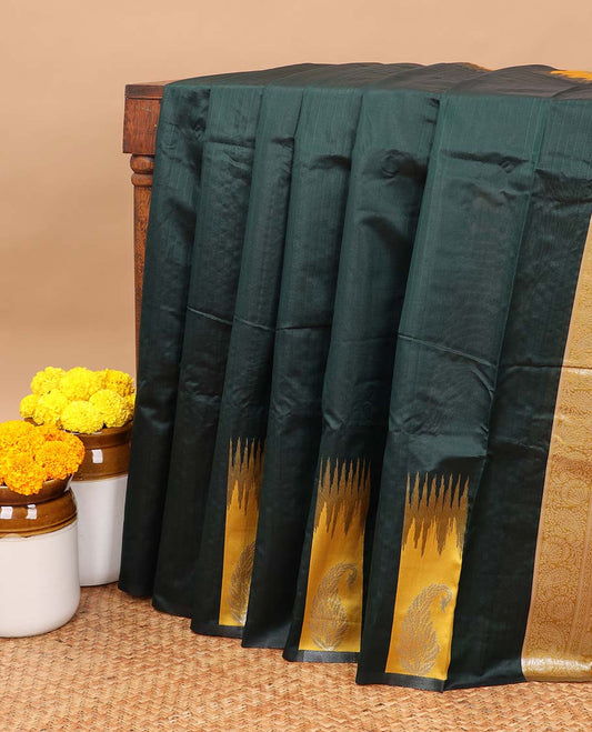Green vaira ousi model design  litchi soft silk saree with self border of temple , white zari manga design & contrast pallu