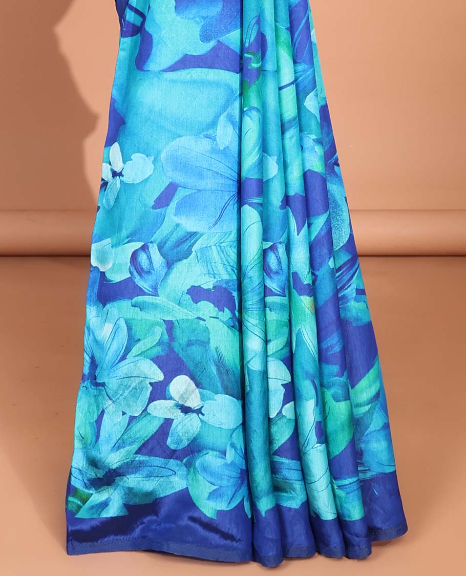 Blue floral digital printed crepe saree with contrast plain border