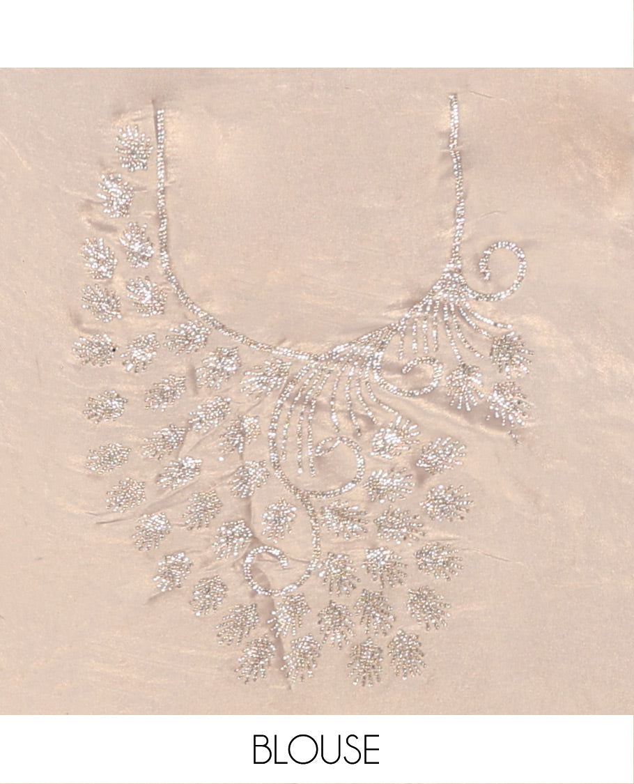 Champagne Designer Saree, Gleamed up with Stone Struck All Over Its Body, Scallop Stone Embroidered Border, and Heavy Embroidered Matching Blouse