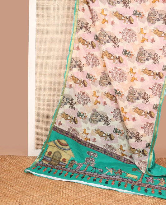 Multi-color forest theme, human figures design machine printed soft cotton with contrast zari border & village theme design pallu