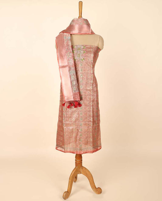 Red material chudidhar set, jacquard & embroidery top, plain bottom & floral print dupatta