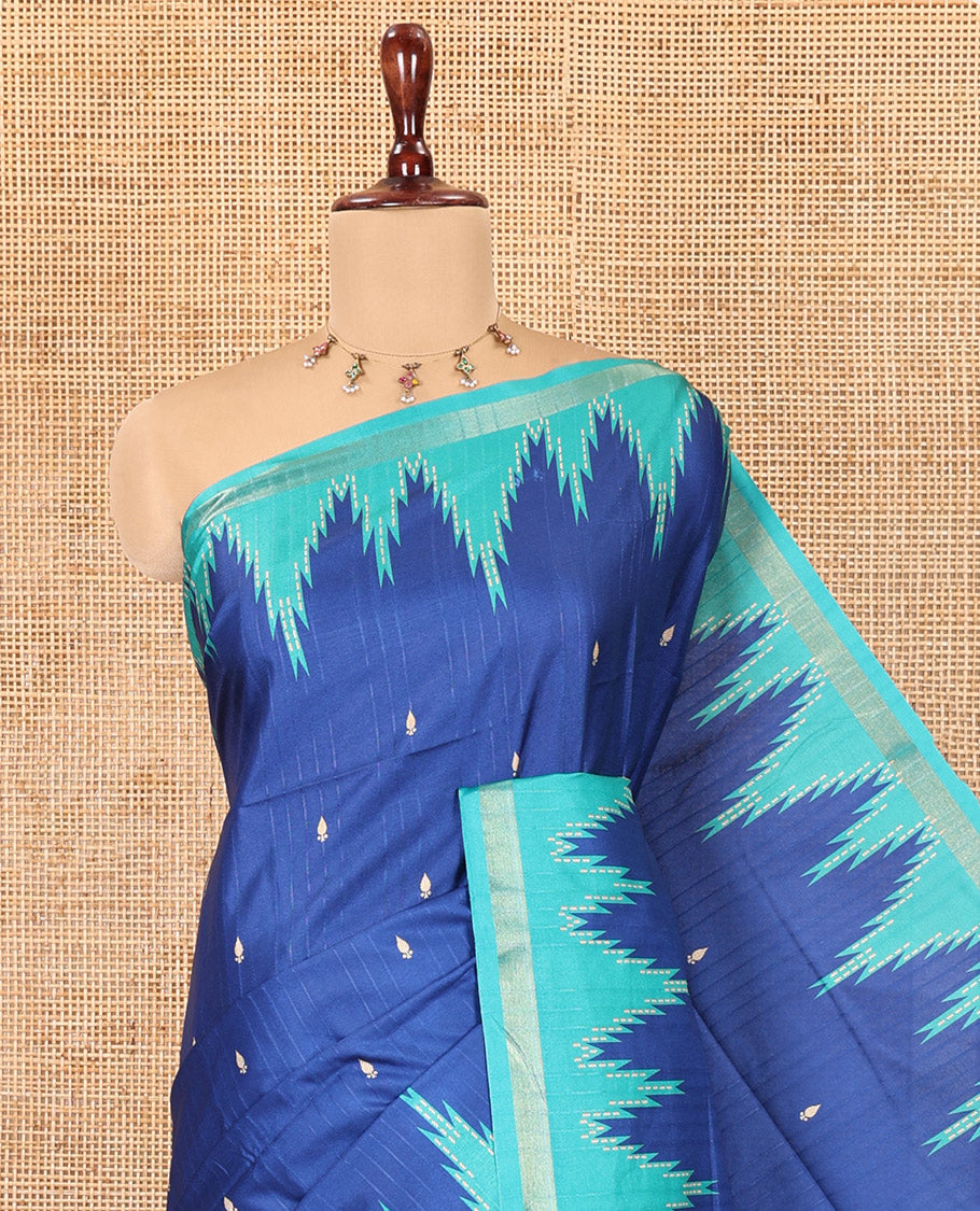 Blue Kathan Silk Saree Adorned with Buttas, Contrast Temple Border, Temple pallu, and Striped Blouse