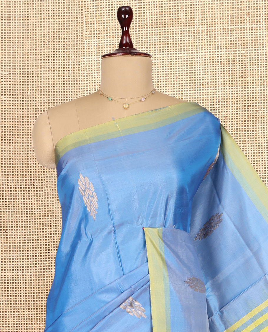 Blue Banana Pith Saree, Woven with Buttas, a Contrast Border, Pallu of Stripes and Buttas, and a Contrast Blouse