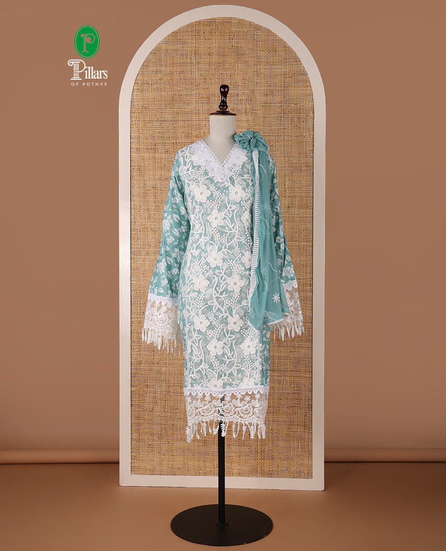 Blue chudidar material set, floral embroidery with daman crochet lace work jam cotton top, white thread argyle design embroidery with lace work nazlin dupatta, unique motifs printed bottom