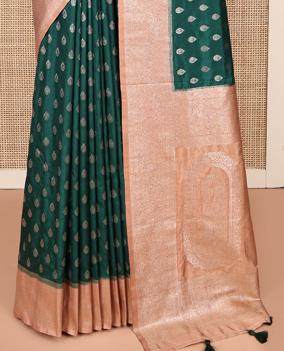 Green Semi-Banaras Dupion Saree, Meticulously Crafted with Buttas, Complemented by a Contrast Traditional Border, Grand Pallu, and a Contrast Blouse