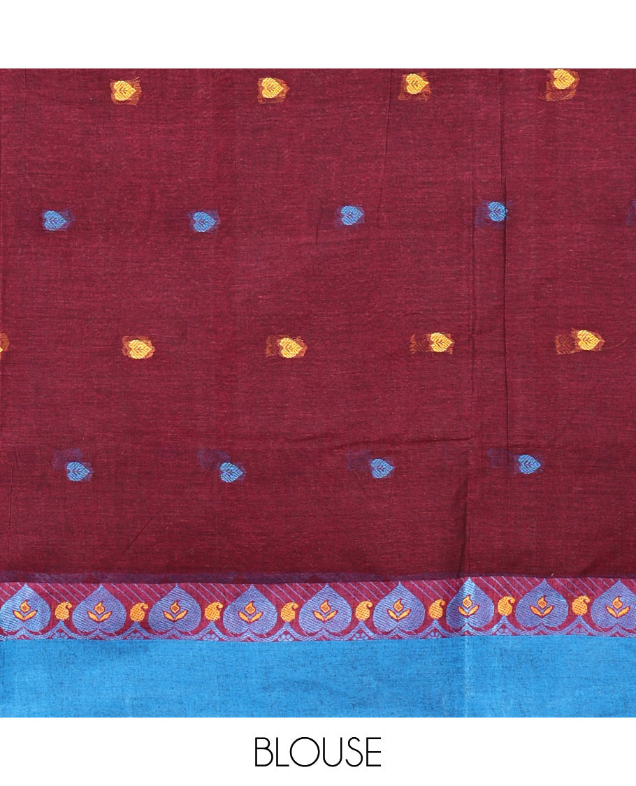 Maroon Bengal Cotton Saree, Embellished with Thread Buttas All Over Its Body, Complemented by a Contrast Border of Leaf Designs, Pallu of Stripes and Buttas, and Paired with a Matching Blouse